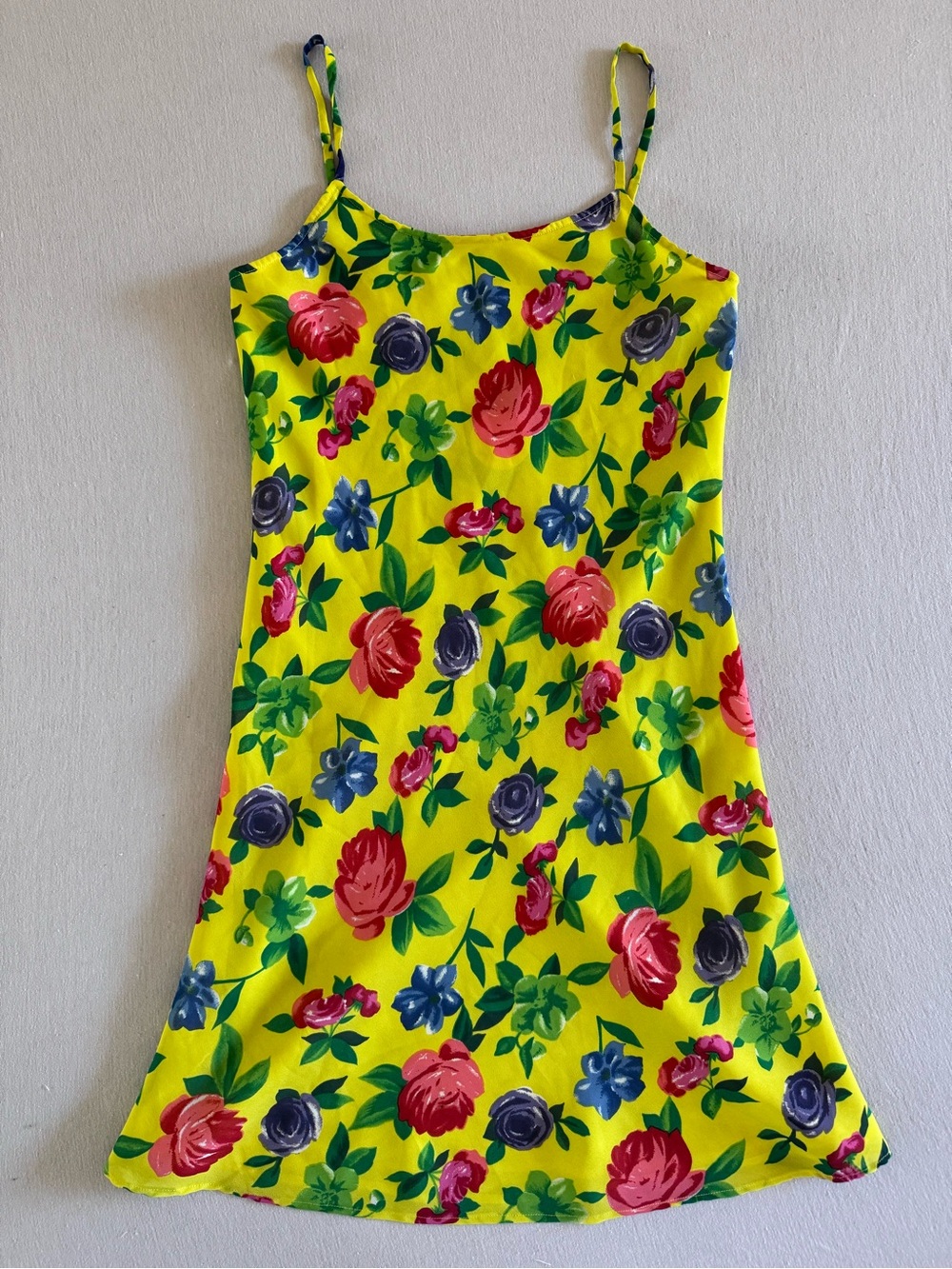 Vintage 90s Yellow Floral Slip Dress with Multi-Color Roses